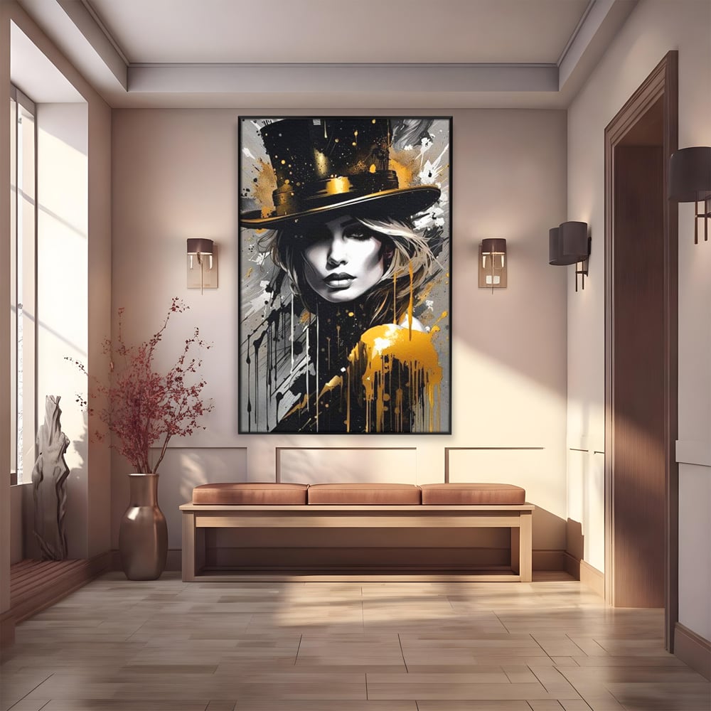 Tablou canvas cu tablou canvas cu portret de femeie cu joben, in rama de aluminiu negru